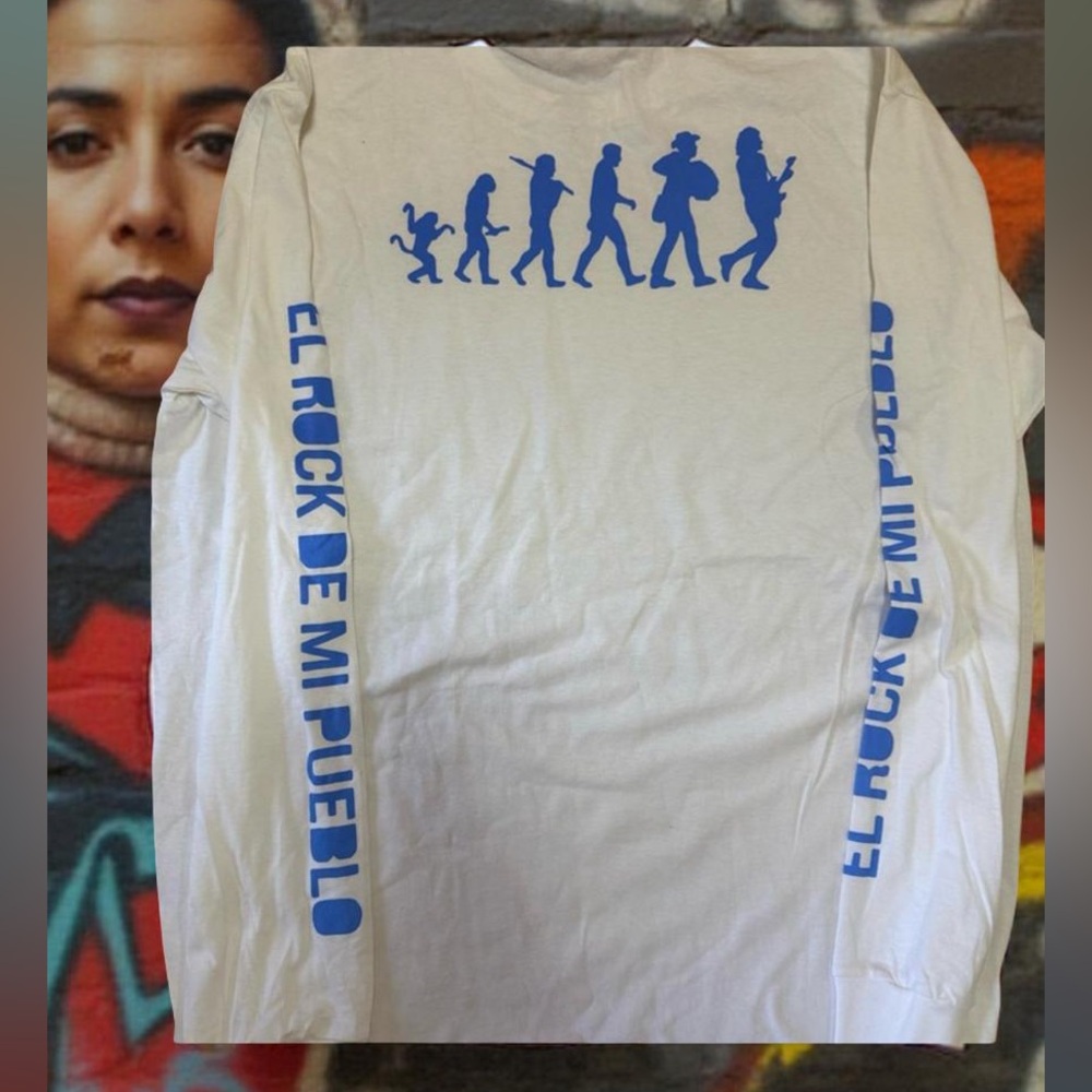 El Rock De Mi Pueblo Long Sleeve Tee White Blue Latin Music Band Shirt Size M!!
